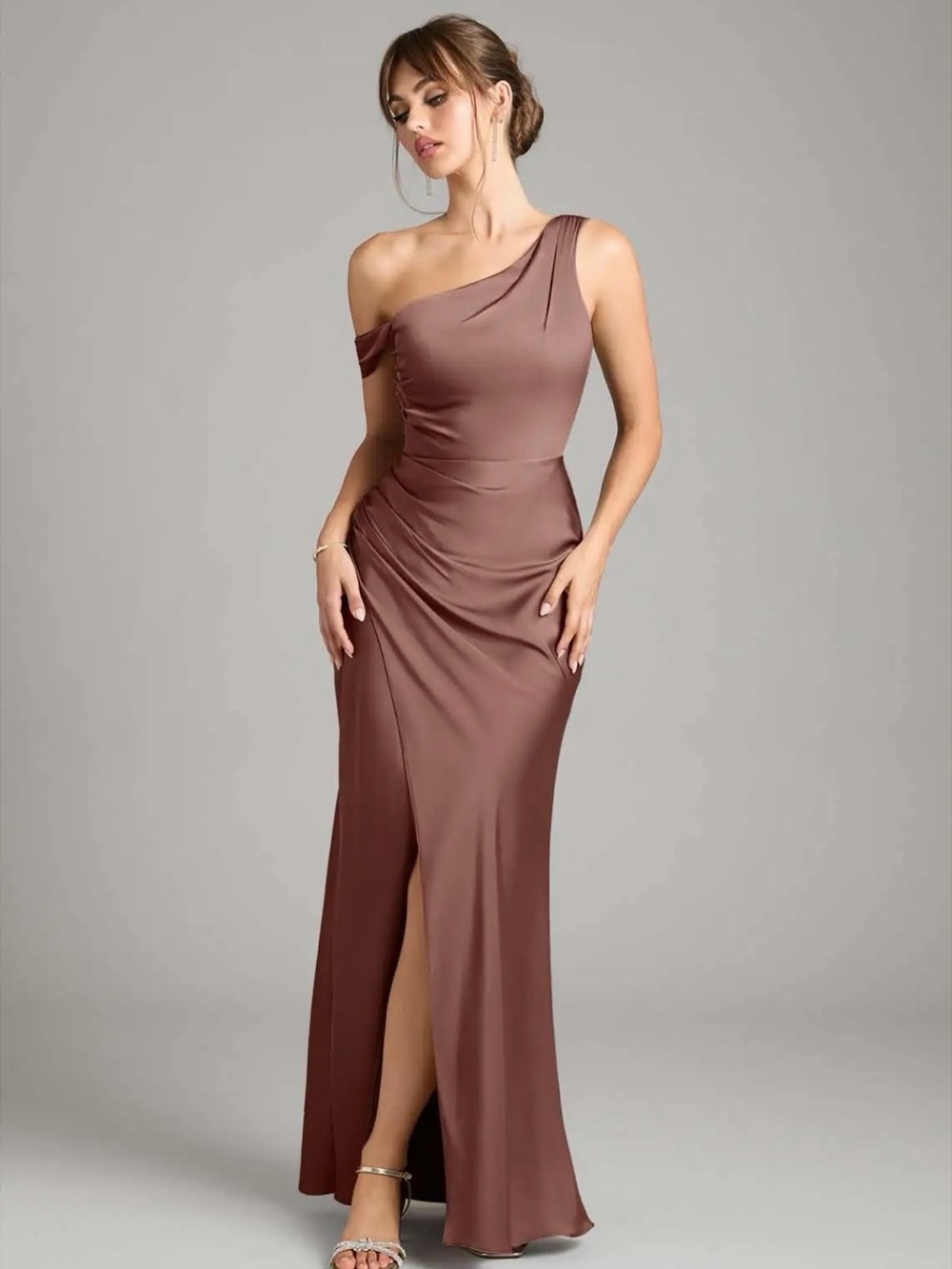Azazie Espresso Mermaid One Shoulder Stretch Satin Convertible Dress